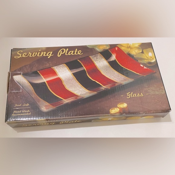 NIB Red Black Silver Rectangle Glass Wave Serving Plate 9.5"x5" - Picture 3 of 6